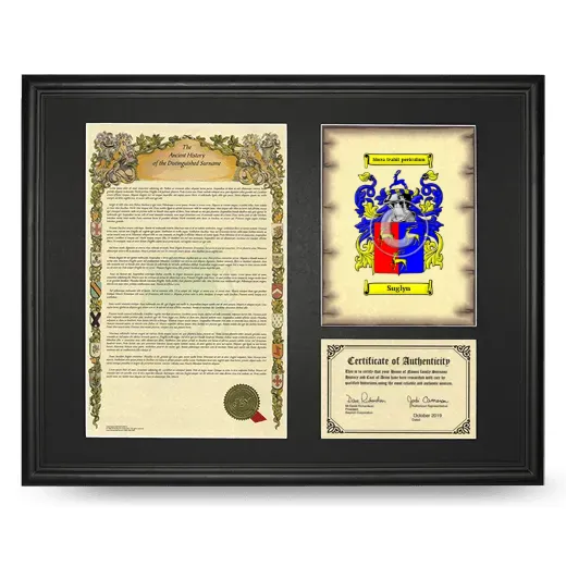 Suglyn Framed Surname History and Coat of Arms - Black
