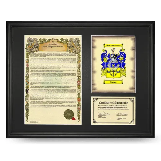Suppa Framed Surname History and Coat of Arms - Black