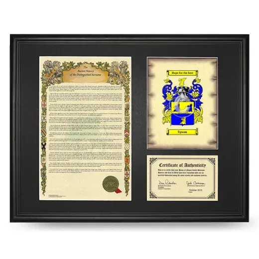 Syson Framed Surname History and Coat of Arms - Black