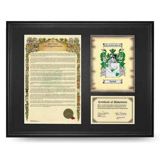 Tachel Framed Surname History and Coat of Arms - Black
