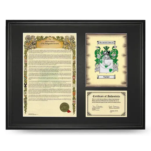 Tackel Framed Surname History and Coat of Arms - Black