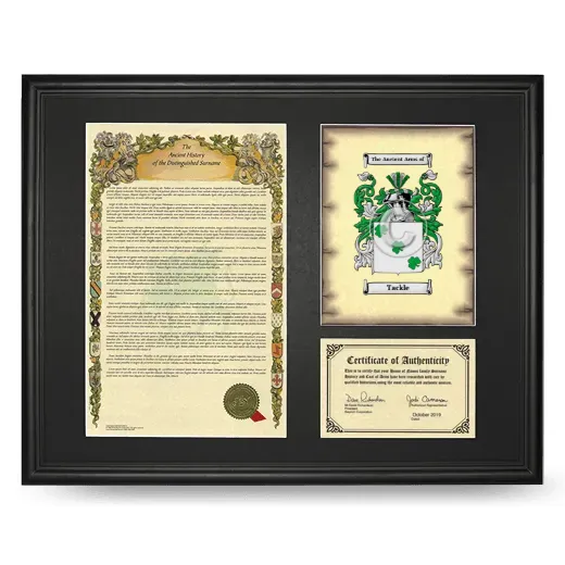 Tackle Framed Surname History and Coat of Arms - Black