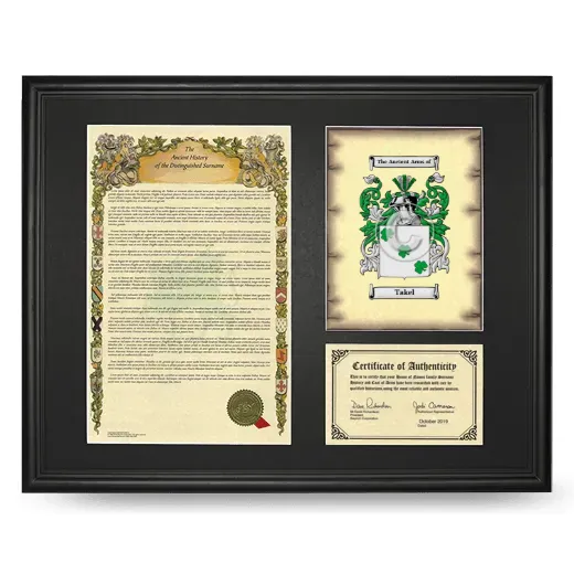 Takel Framed Surname History and Coat of Arms - Black