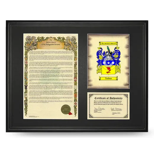 Tarbux Framed Surname History and Coat of Arms - Black