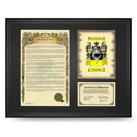 Tarczewski Framed Surname History and Coat of Arms - Black