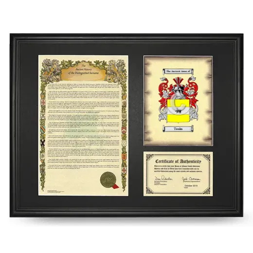 Tasin Framed Surname History and Coat of Arms - Black