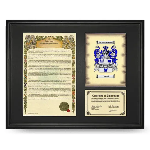 Teasell Framed Surname History and Coat of Arms - Black