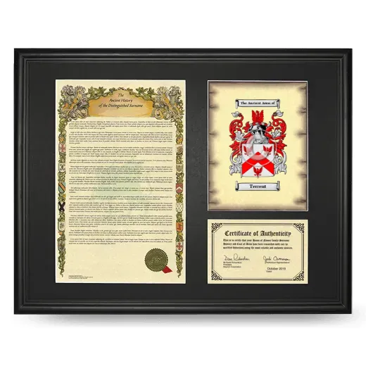 Terrent Framed Surname History and Coat of Arms - Black