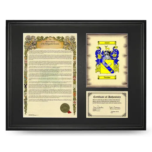 Terrise Framed Surname History and Coat of Arms - Black