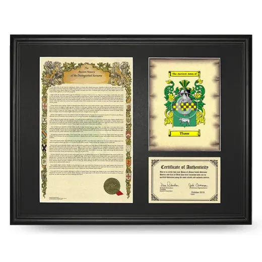 Thaur Framed Surname History and Coat of Arms - Black