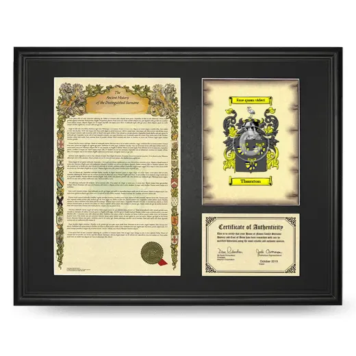 Thurston Framed Surname History and Coat of Arms - Black