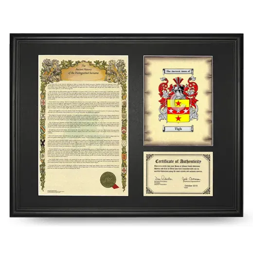 Tigh Framed Surname History and Coat of Arms - Black