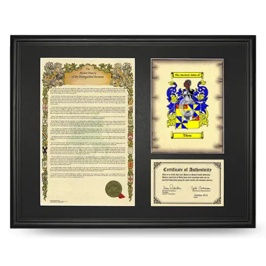 Titus Framed Surname History and Coat of Arms - Black