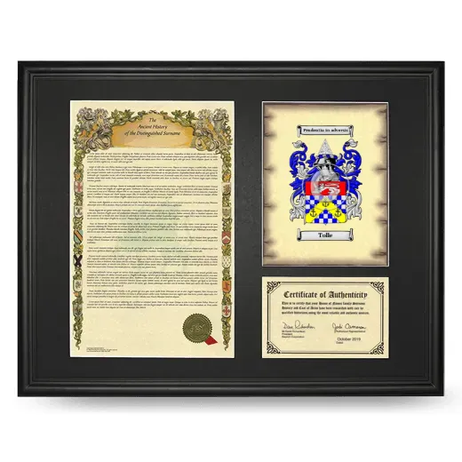 Tolle Framed Surname History and Coat of Arms - Black