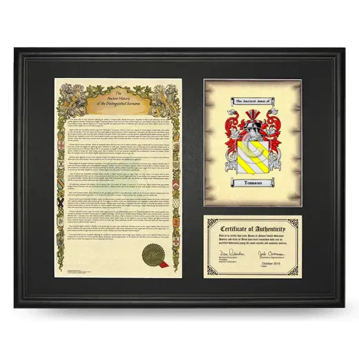 Tomaso Framed Surname History and Coat of Arms - Black