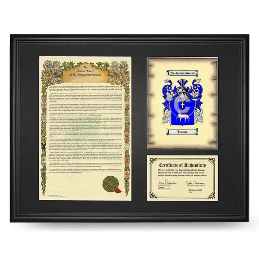 Torcat Framed Surname History and Coat of Arms - Black