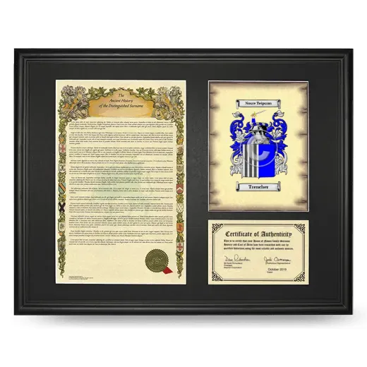 Trencher Framed Surname History and Coat of Arms - Black