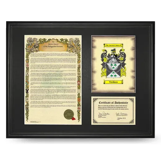 Tresham Framed Surname History and Coat of Arms - Black