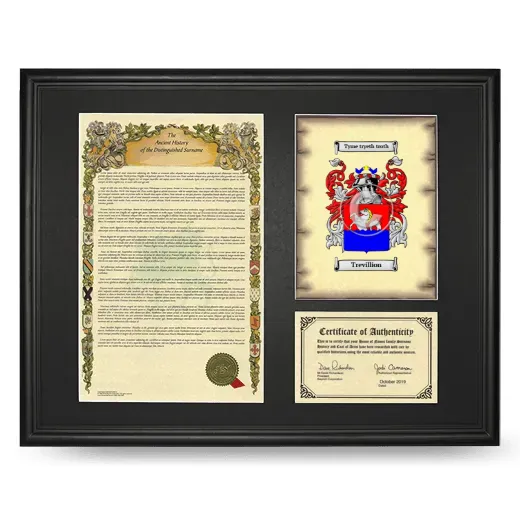 Trevillion Framed Surname History and Coat of Arms - Black