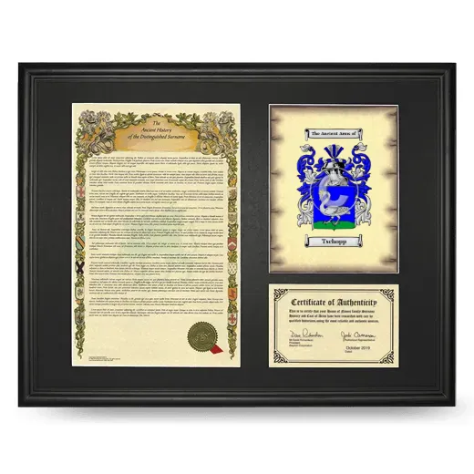 Tschopp Framed Surname History and Coat of Arms - Black