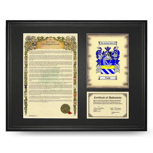 Turin Framed Surname History and Coat of Arms - Black