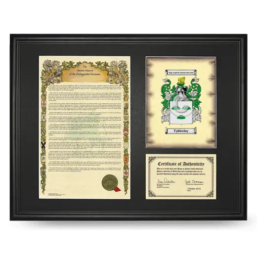 Tyldesley Framed Surname History and Coat of Arms - Black