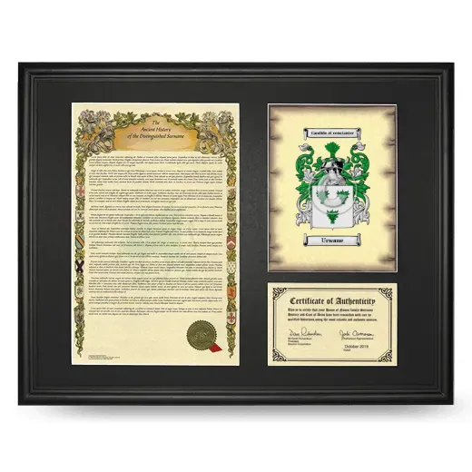 Urwane Framed Surname History and Coat of Arms - Black