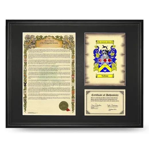 Vallour Framed Surname History and Coat of Arms - Black