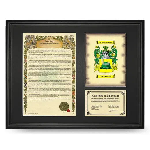 Vandewalle Framed Surname History and Coat of Arms - Black