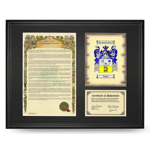 Varró Framed Surname History and Coat of Arms - Black