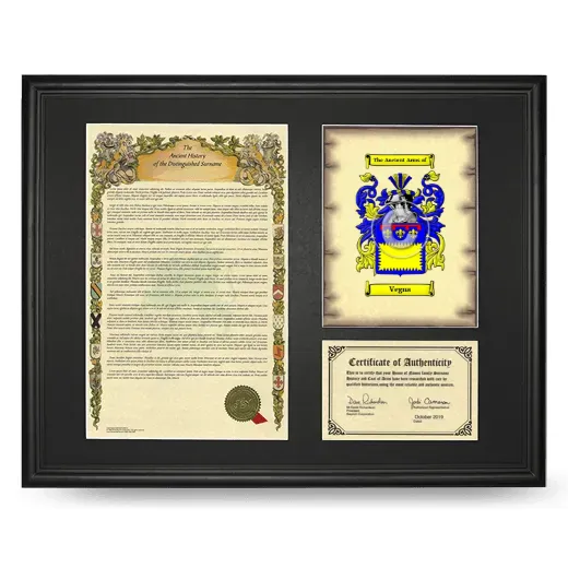 Vegna Framed Surname History and Coat of Arms - Black