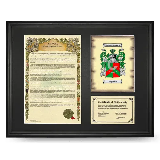 Veguilla Framed Surname History and Coat of Arms - Black