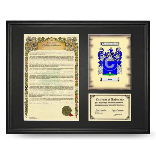 Vest Framed Surname History and Coat of Arms - Black