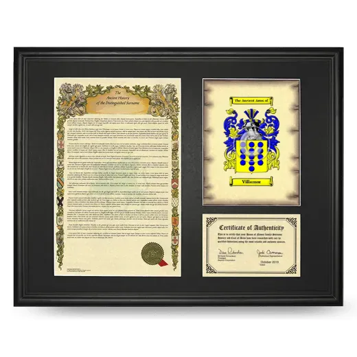 Villamor Framed Surname History and Coat of Arms - Black