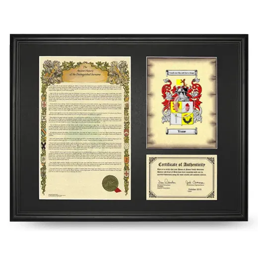 Vone Framed Surname History and Coat of Arms - Black