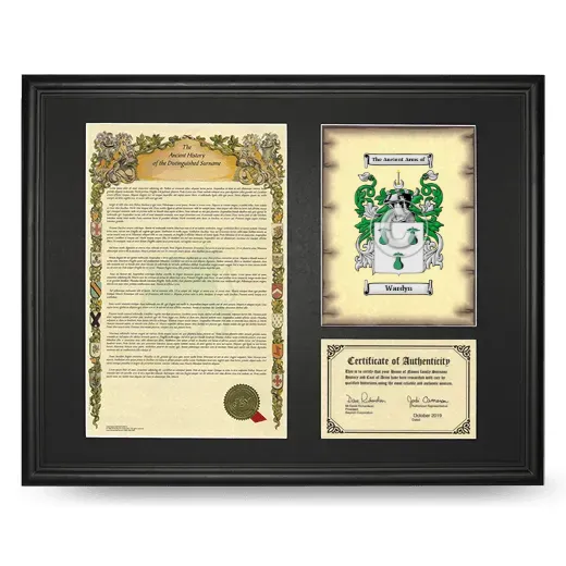 Wardyn Framed Surname History and Coat of Arms - Black