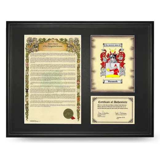 Wasmuth Framed Surname History and Coat of Arms - Black