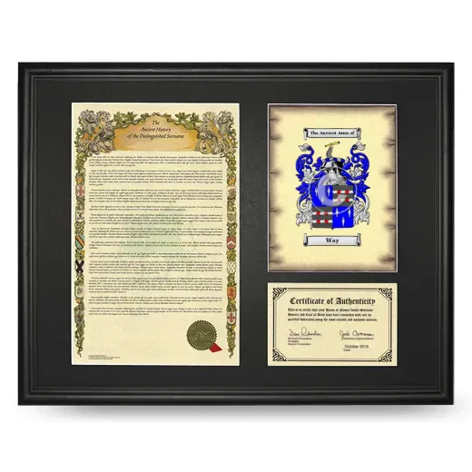 Way Framed Surname History and Coat of Arms - Black