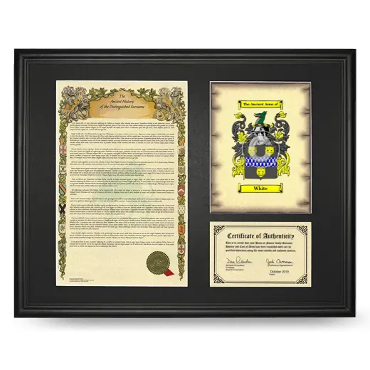 White Framed Surname History and Coat of Arms - Black