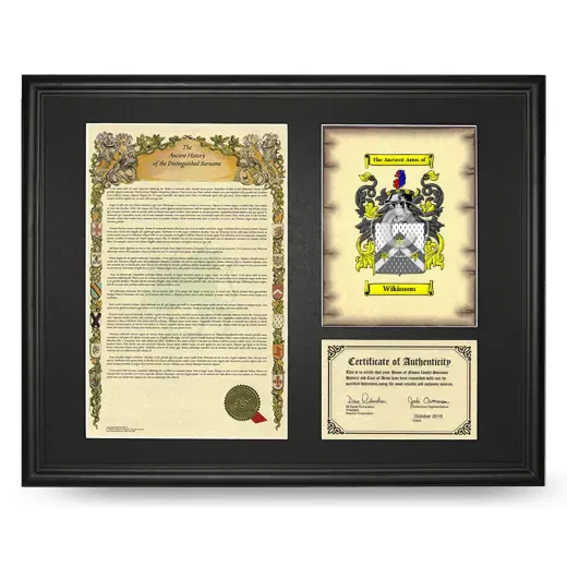 Wikinson Framed Surname History and Coat of Arms - Black
