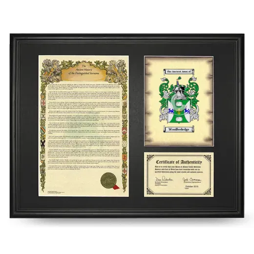 Woollveledge Framed Surname History and Coat of Arms - Black