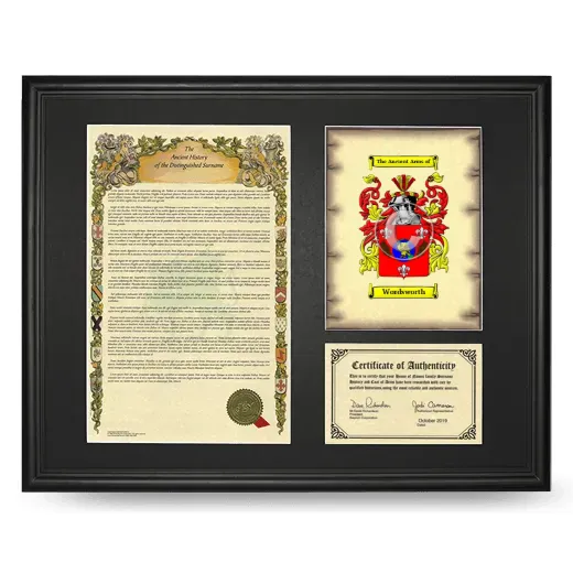 Wordsworth Framed Surname History and Coat of Arms - Black