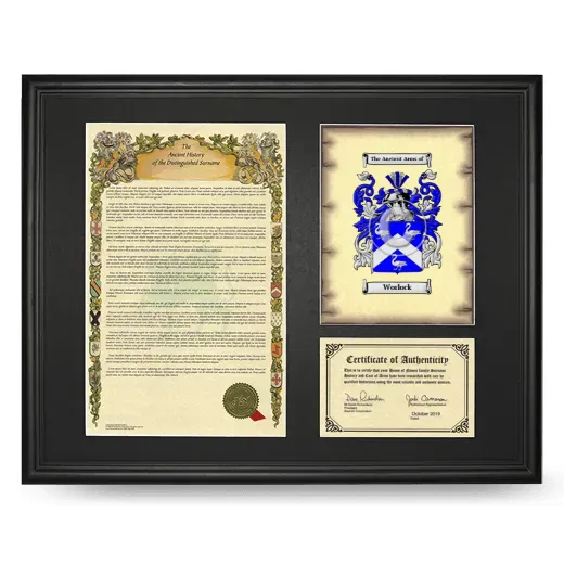 Worlock Framed Surname History and Coat of Arms - Black