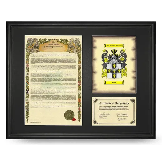 Yant Framed Surname History and Coat of Arms - Black