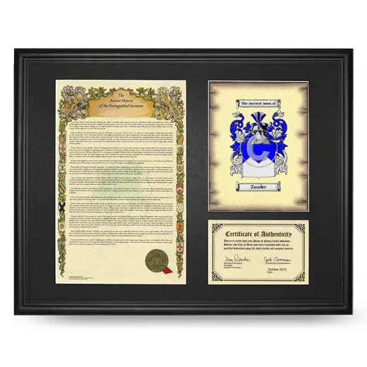 Zander Framed Surname History and Coat of Arms - Black