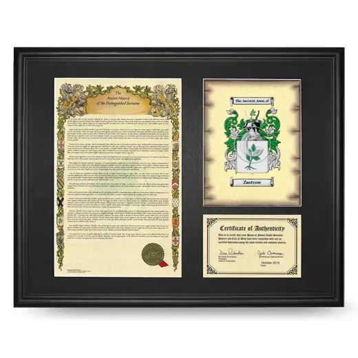Zastrow Framed Surname History and Coat of Arms - Black