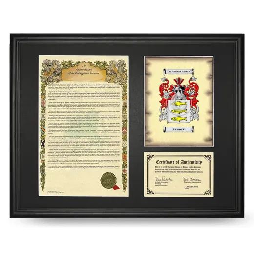 Zawacki Framed Surname History and Coat of Arms - Black