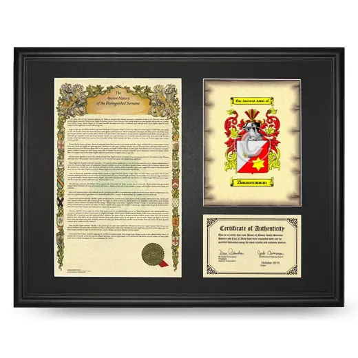 Zimmermann Framed Surname History and Coat of Arms - Black