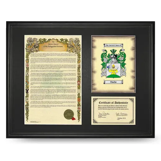 Zincke Framed Surname History and Coat of Arms - Black