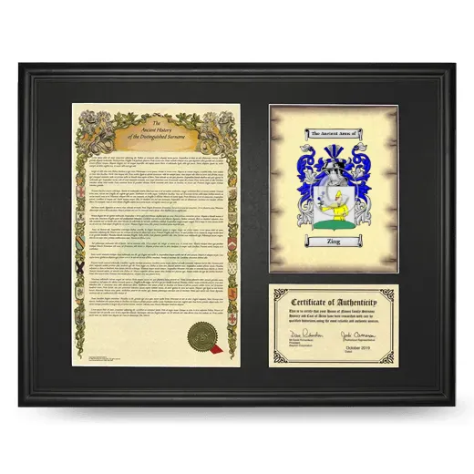 Zing Framed Surname History and Coat of Arms - Black